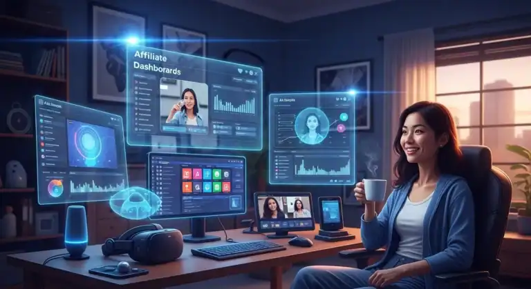 Woman views affiliate dashboards working from home office.